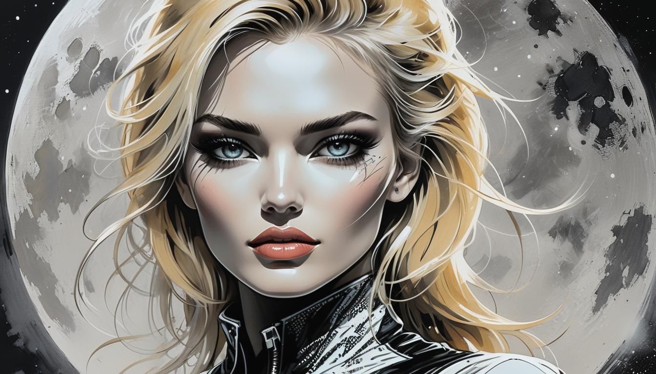 Blonde Supermodel Under Full Moon in Comic Book Style