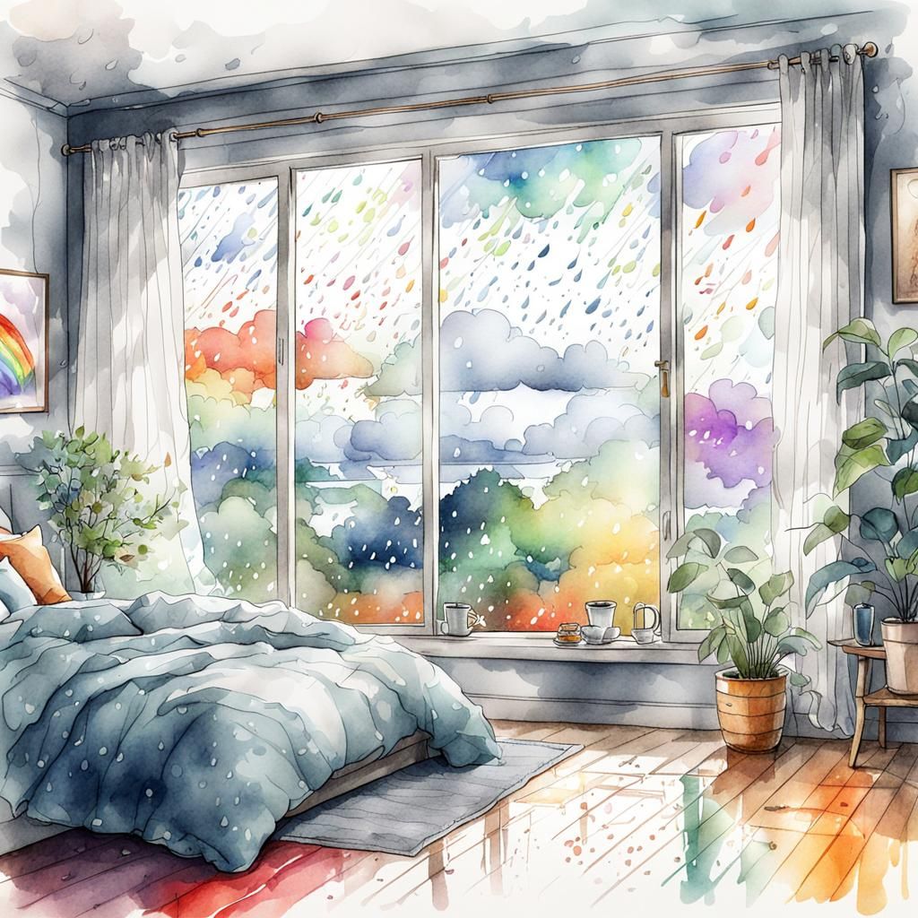 Cozy Rainy Day Room in Watercolor Style