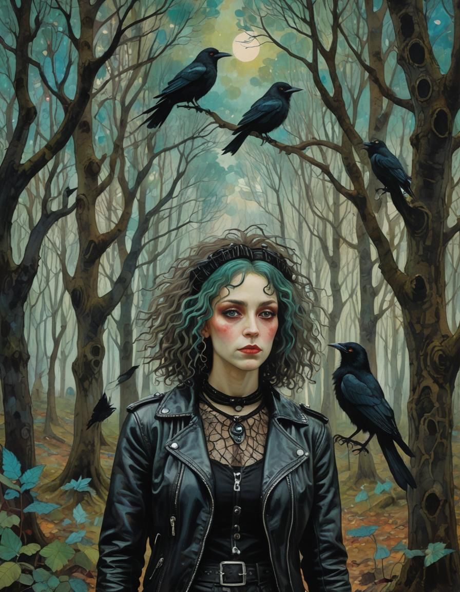 Whimsical Witch and Crow in Magical Fauvist Forest