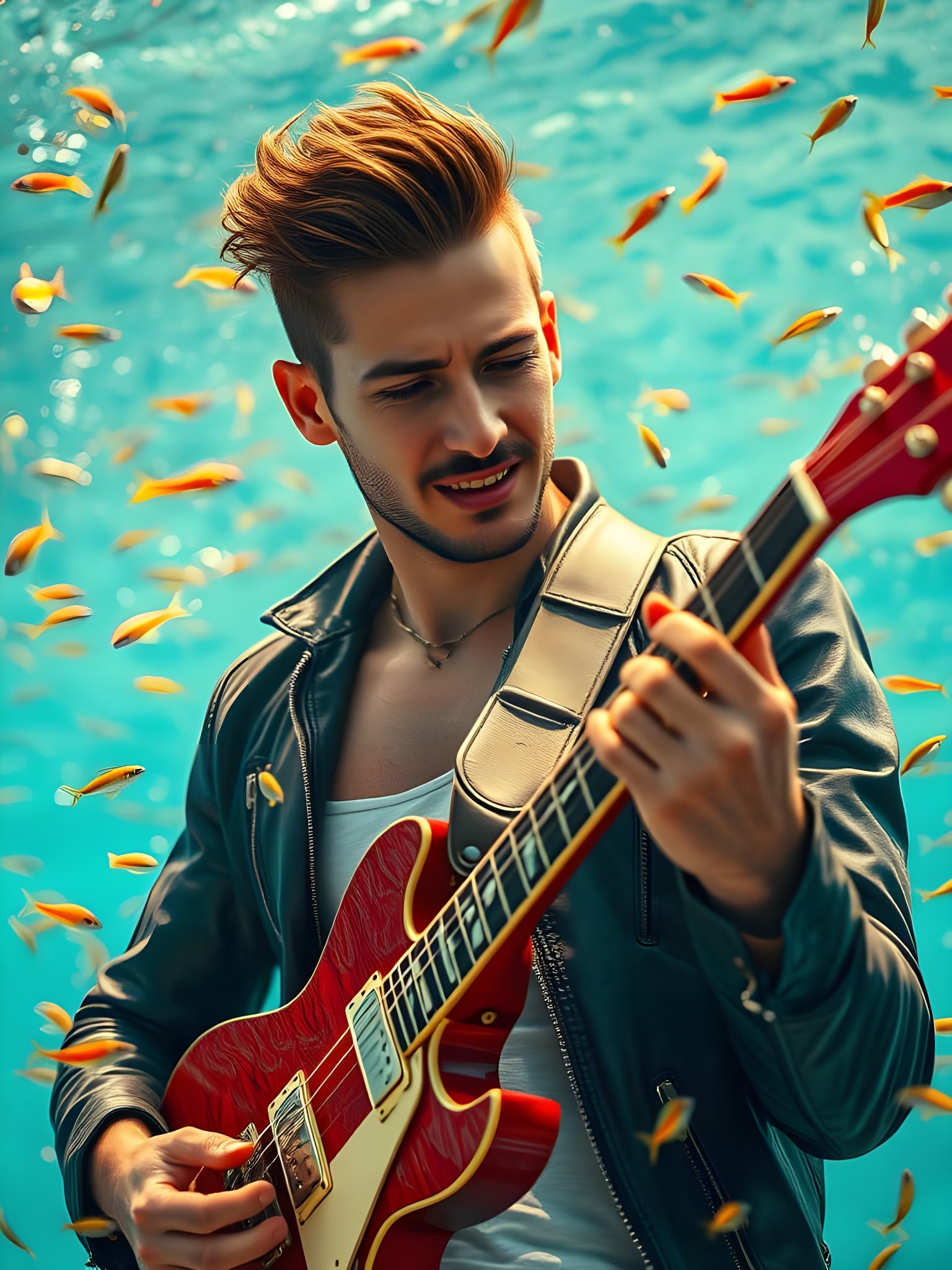 Underwater Guitarist in Turquoise Sea