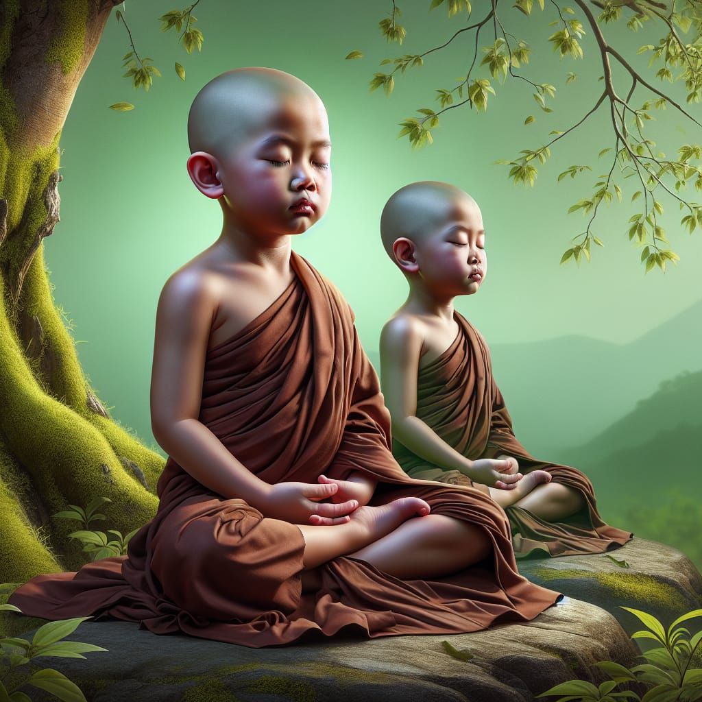 Tranquil Meditation: Bald Child Monk in Hyperrealistic Style
