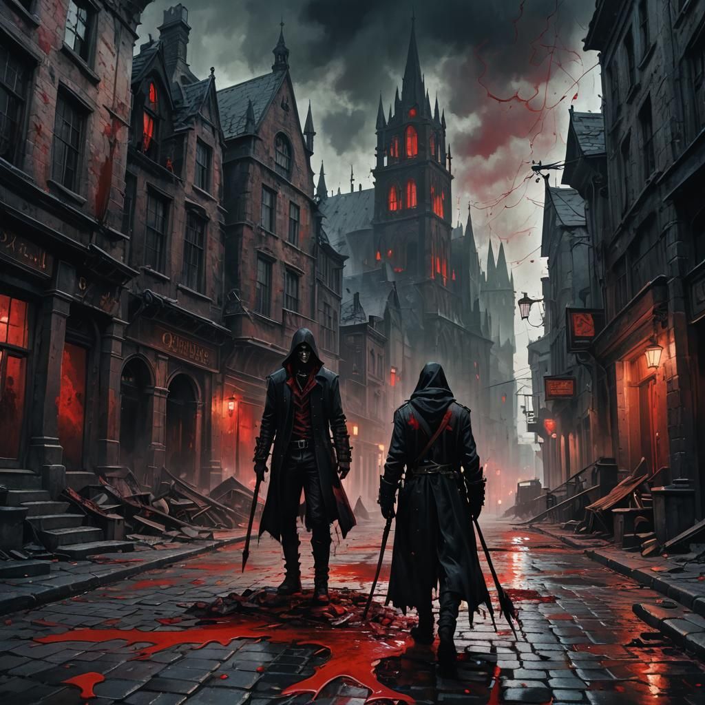 Eerie Dark Fantasy Townscape with Blood Splatters