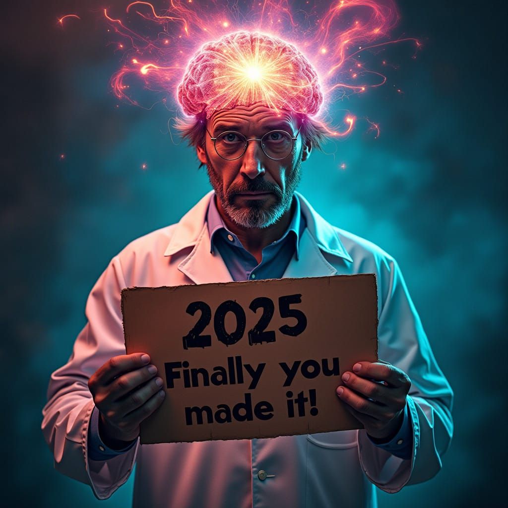 Mad Scientist in Radiant Lab Coat Celebrates New Year with E...
