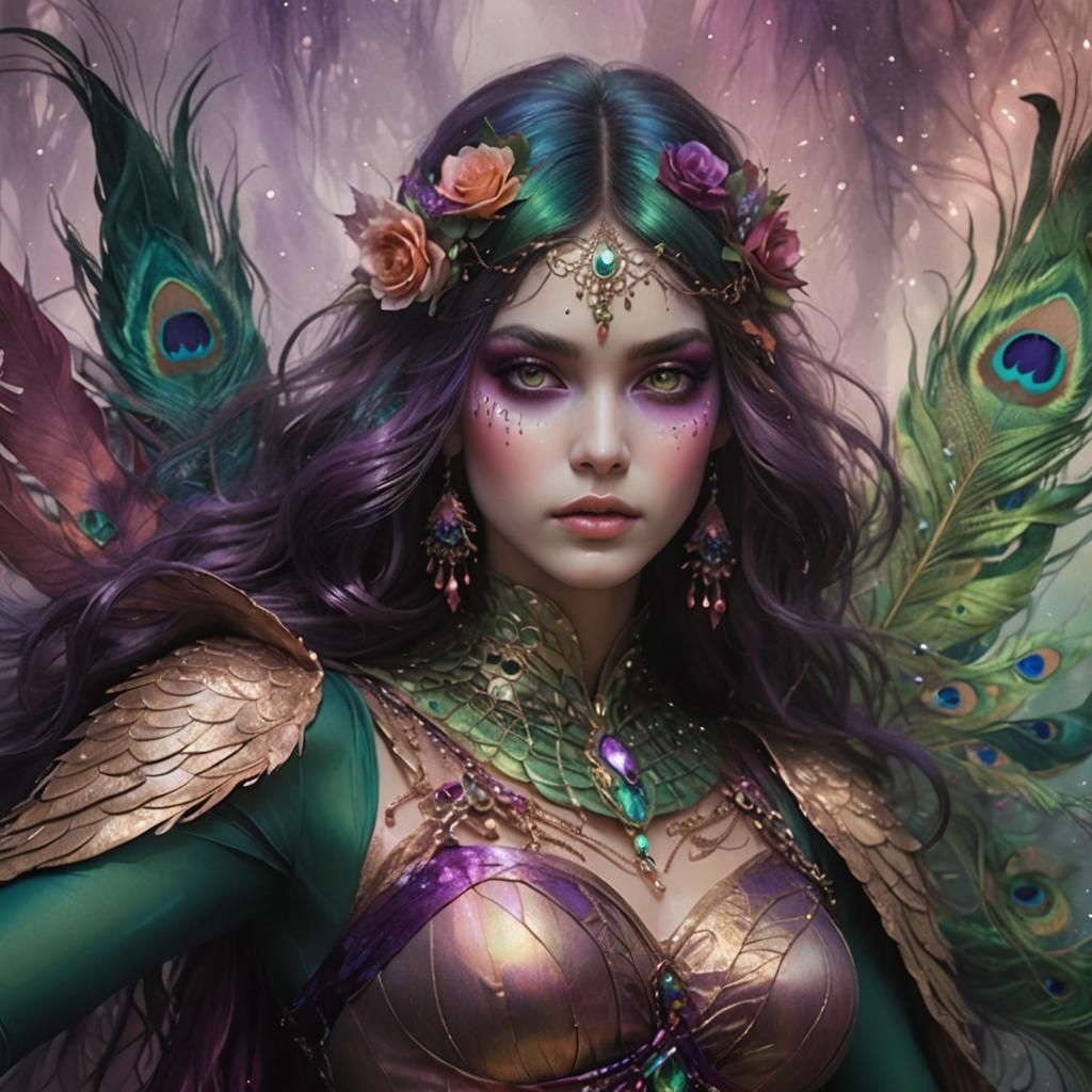 Ethereal Woman with Peacock Feathers and Rainbow Skin