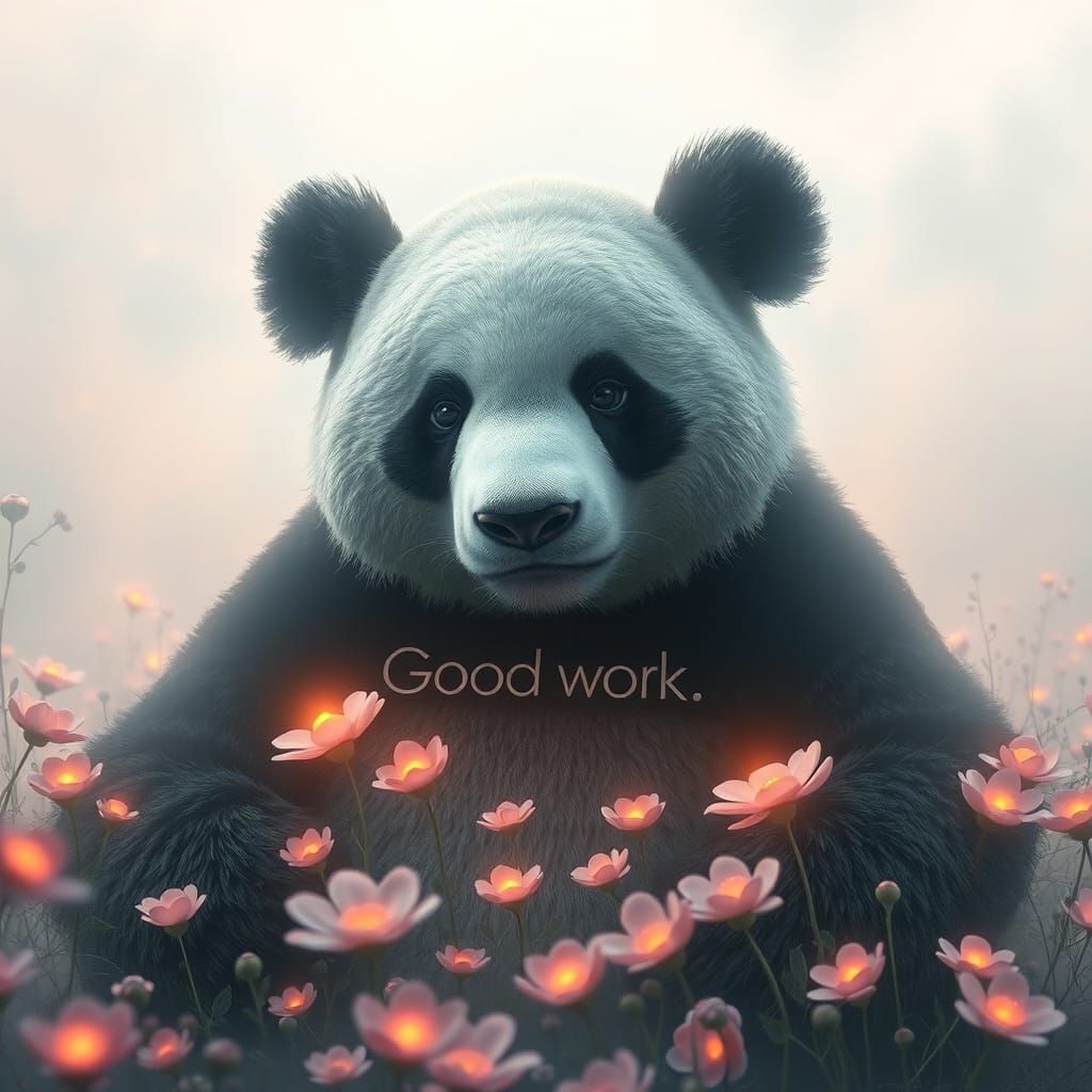 Giant Panda With 'Good Work' Text Amidst Ethereal Flowers