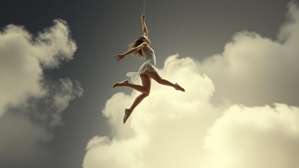 Dreamlike Woman Levitates in Ethereal Glow