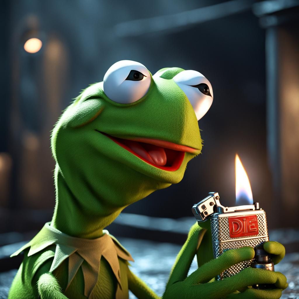 Kermit as Die Hard, Hyperrealistic 3D Render