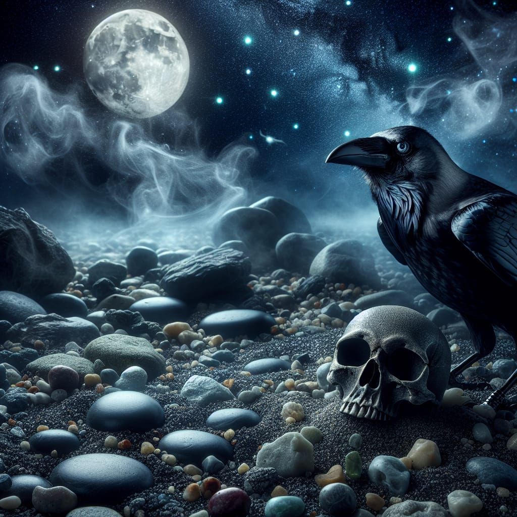 Eerie Crow and Skull Under Moonlight