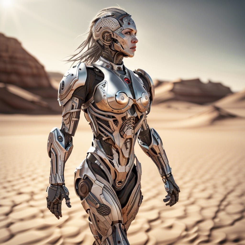 Cyborg Desert Walker in Hyperrealistic Style
