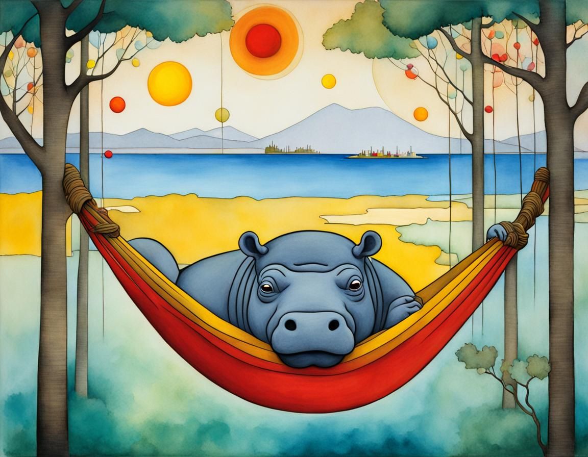Hippo in Hammock: Minimalist Alcohol Ink Art