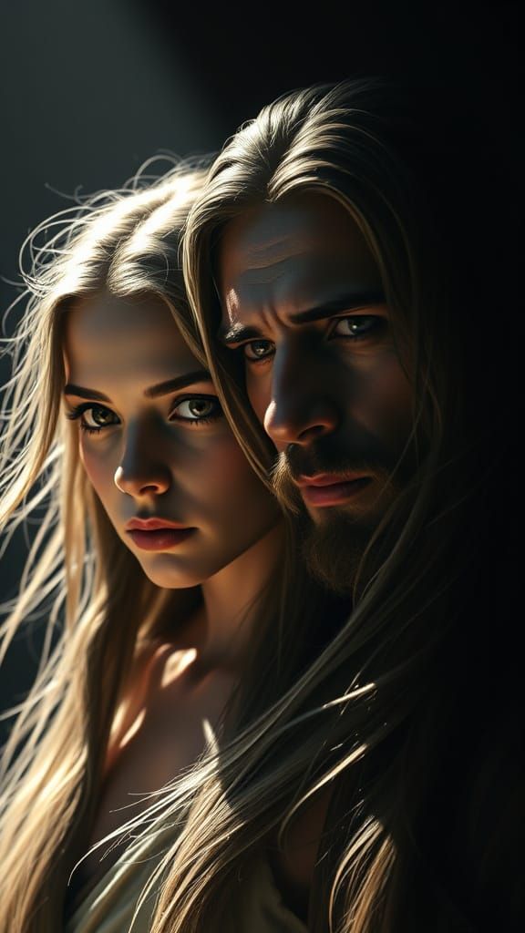 Dramatic Portrait of Two Figures in Chiaroscuro Light