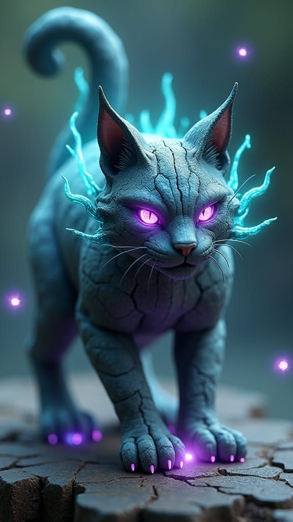 Mystical Stone Cat Statue Animated by Magic