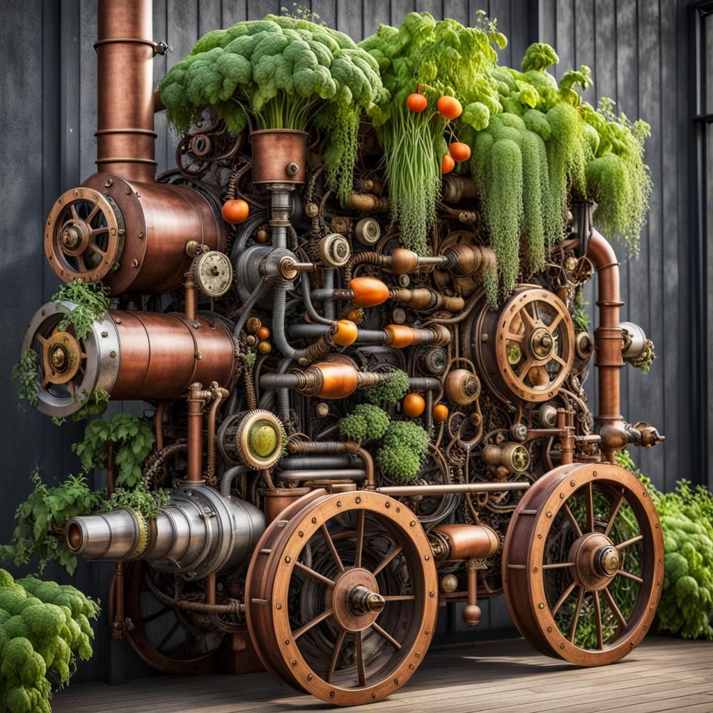Steampunk Vertical Garden with Fruits and Vegetables