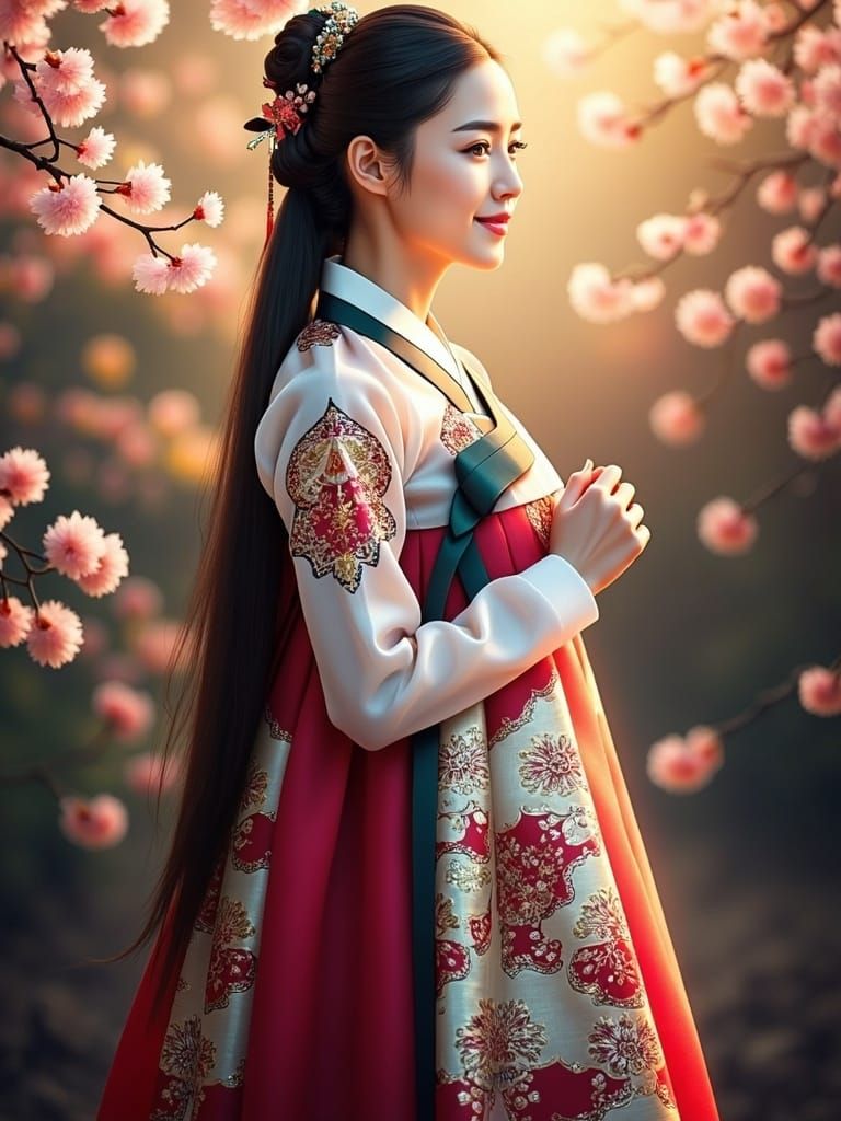 Korean Princess in Hanbok, Surrounded by Blooming Garden