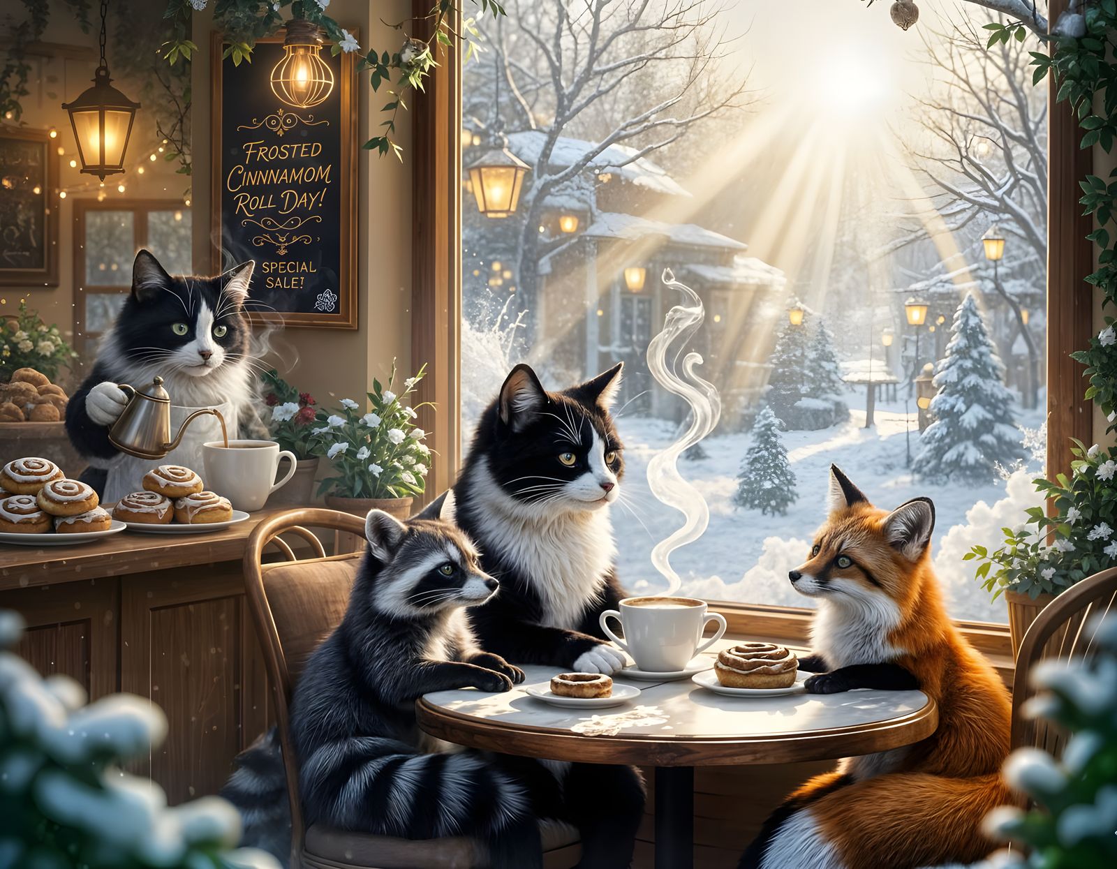 Tuxedo Cat Serves Coffee on Cinnamon Roll Day