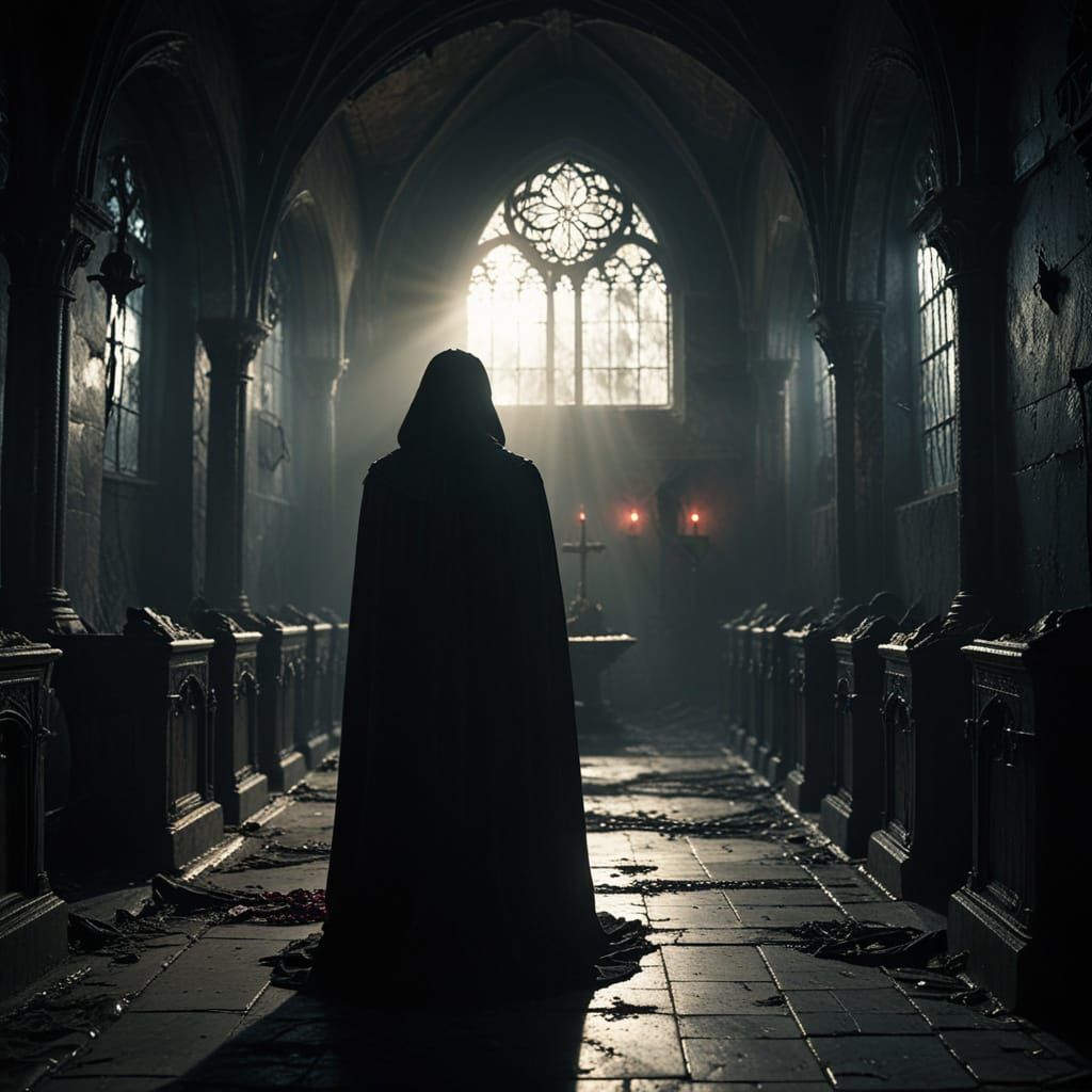 Gothic Vampire Silhouette in Abandoned Church