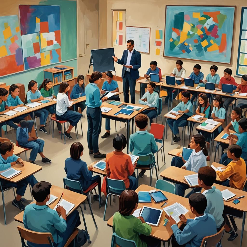 Abstract Classroom Scene with Students and Teacher