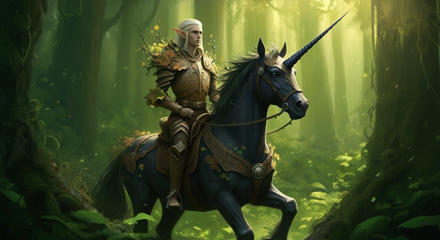 Elf Knight on Unicorn in Medieval Forest