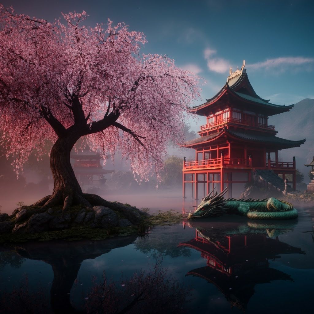 Blooming Sakura Tree with Dragon in Japanese Landscape