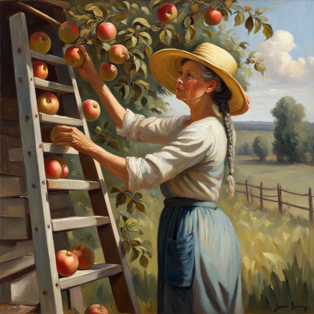 Woman Harvesting Apples in Orchard, Oil Painting