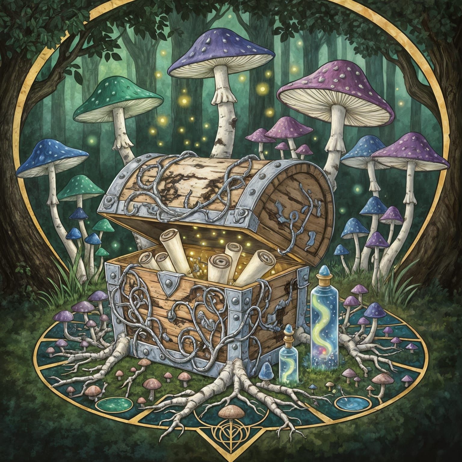 Enchanted Art Deco Treasure Chest in Bioluminescent Forest