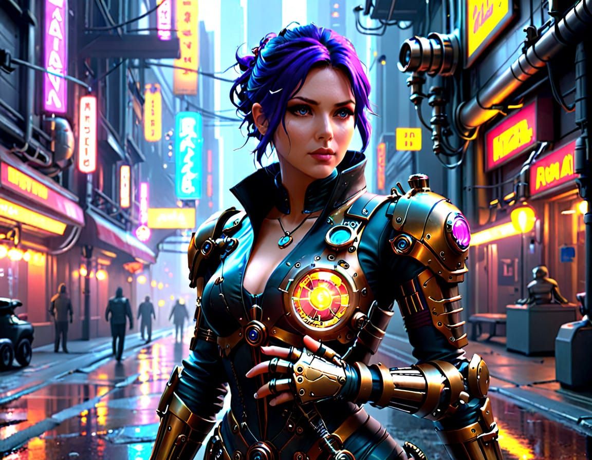 Cyberpunk Steampunk Scientist in Neon-Lit Futuristic Lab