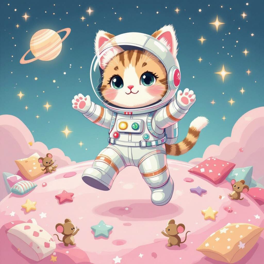 Space Cat Astronaut on Pink Pillow Planet