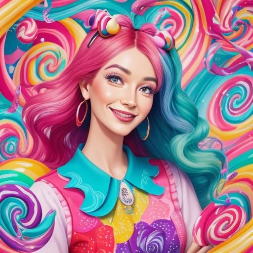 Happy Woman in Vibrant Candyland Wonderland Gouache Painting