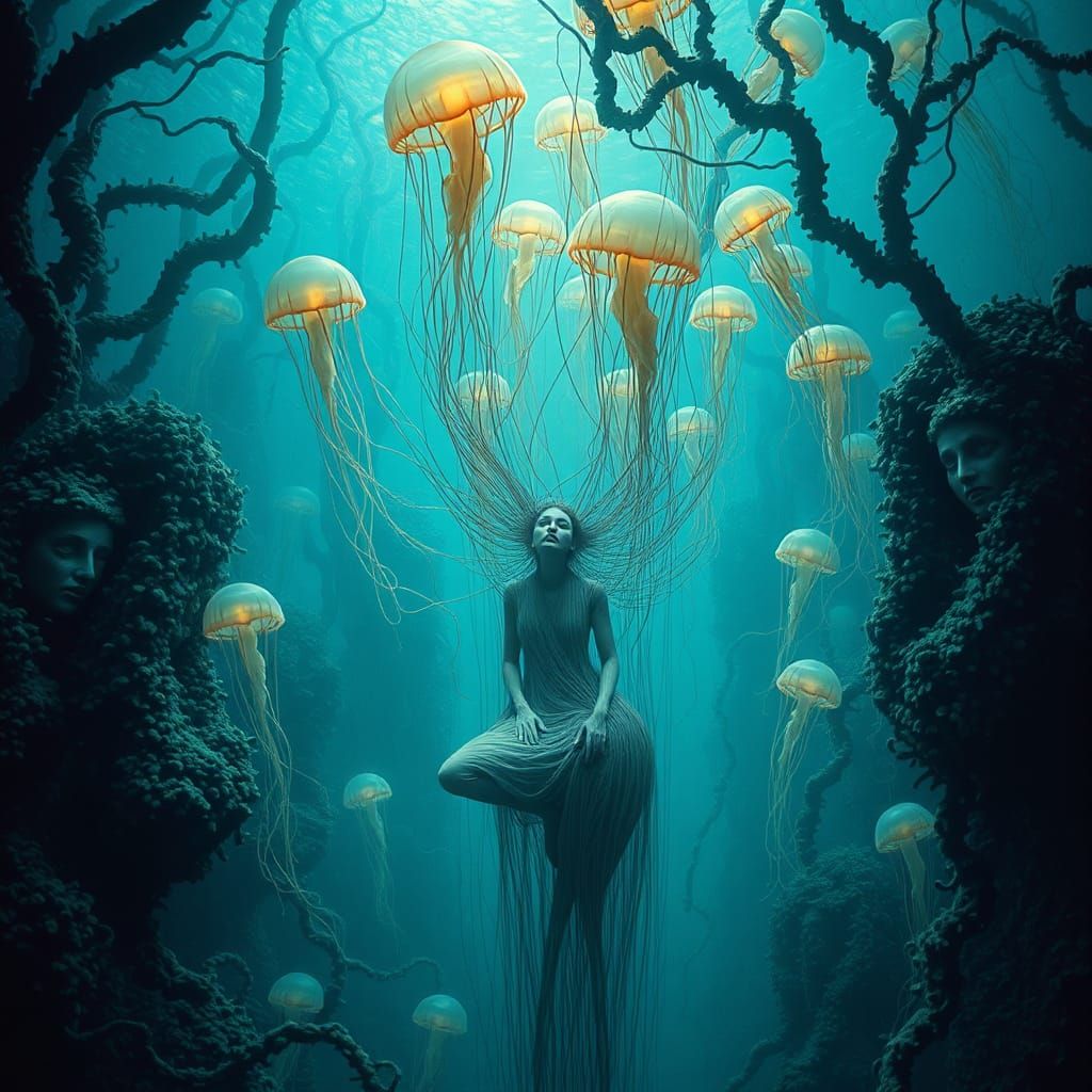 Surreal Deep-Sea Scene with Bioluminescent Kelp