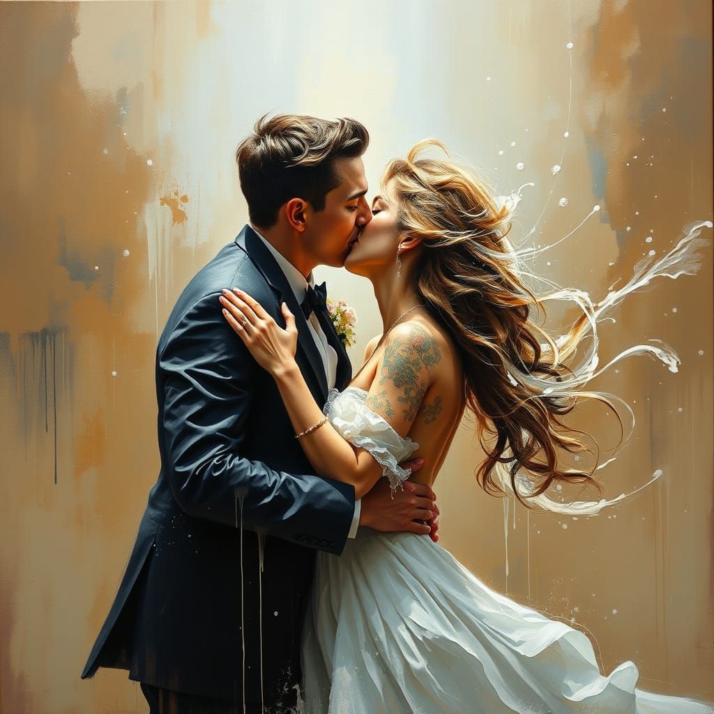Man and Woman Kissing in Motion, Mixed Media Style