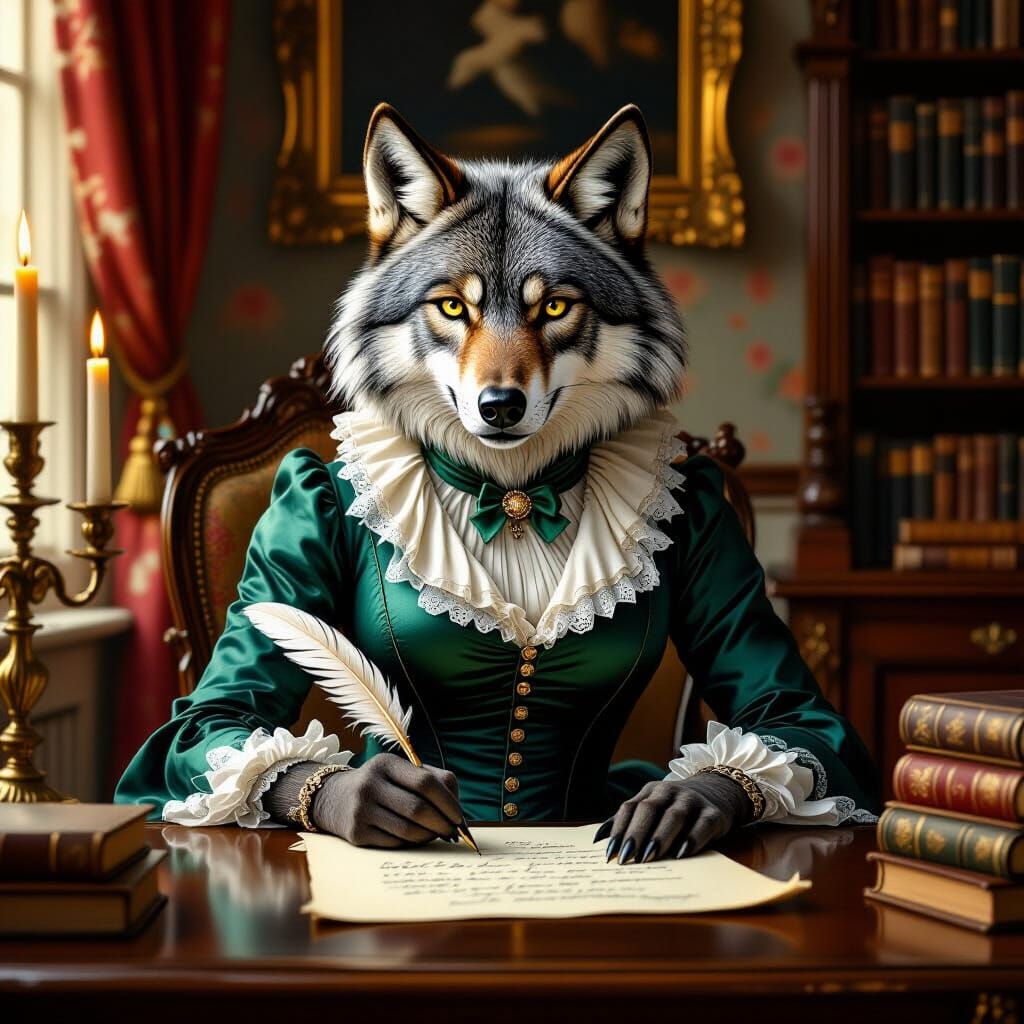 Jane Austen Wolf Writes Novel in Regency Drawing Room