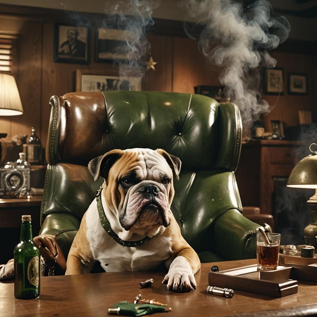 Angry Bulldog General Smokes Cigar in Office