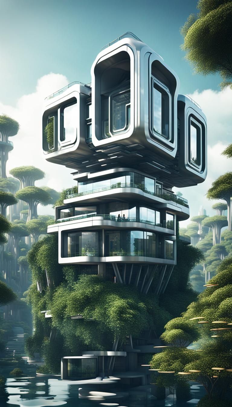 Abstract house with sci-fi hi-tech modern art with 4 floor. Futuristic look and style, each floor are complex design but...