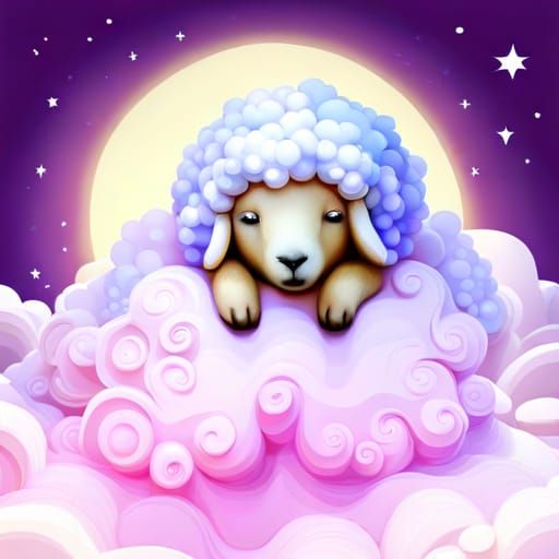Cute Furry Sheep Sleeping on Cloud in Pastel Colors