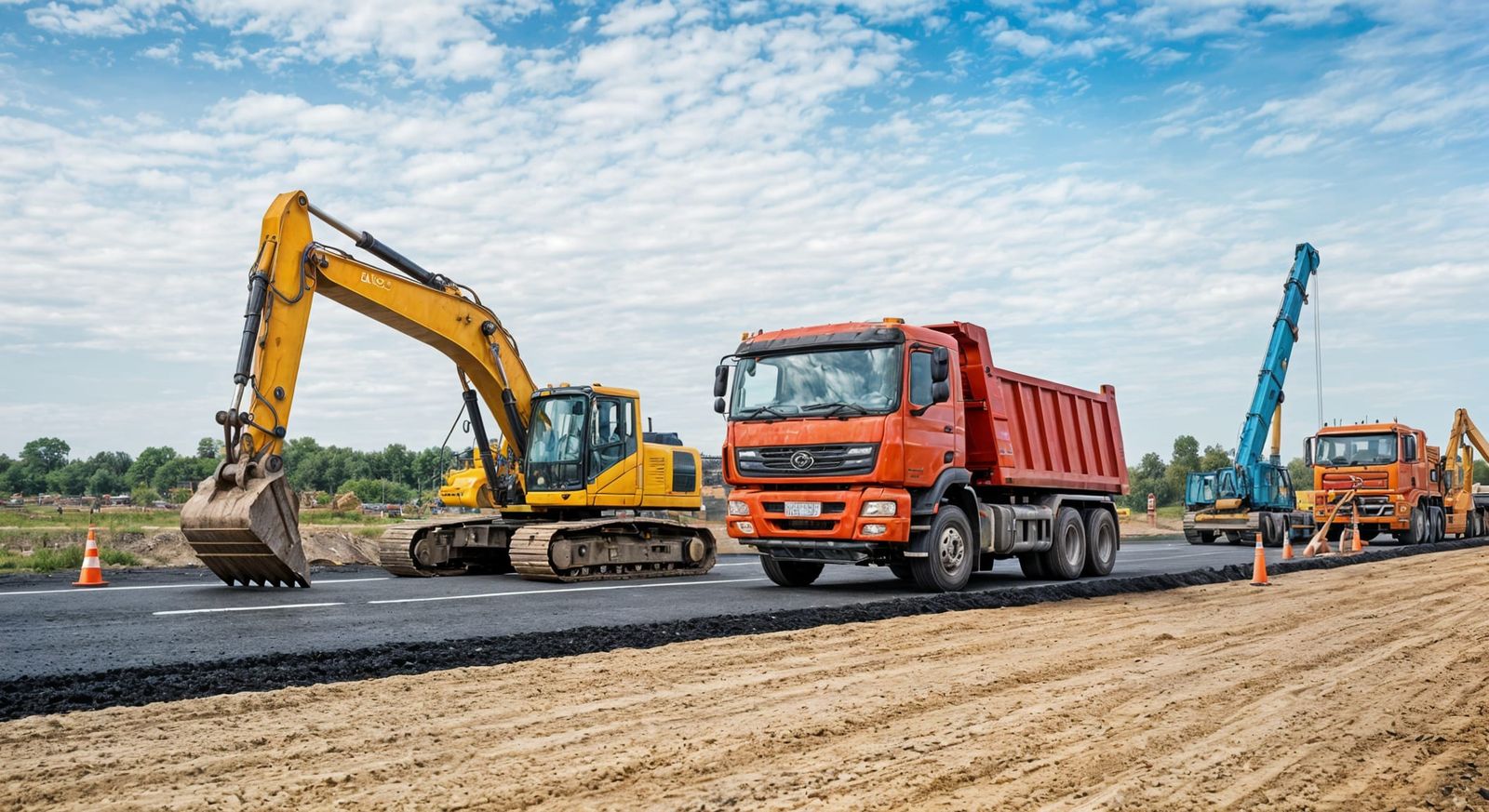 Busy Road Construction Site with Heavy Machinery