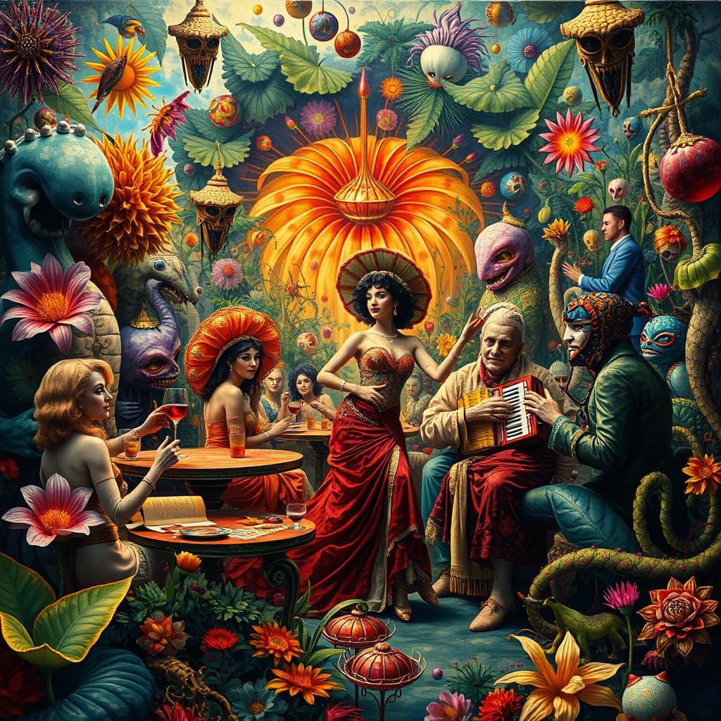 Surreal Garden Party with Towering Flowers