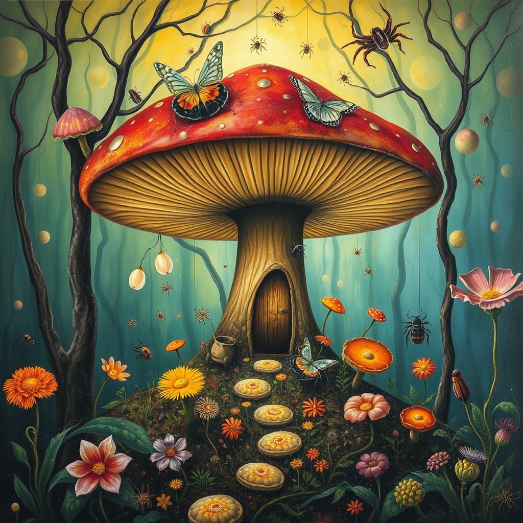 Whimsical Surrealist Scene with a Cozy Mushroom Home