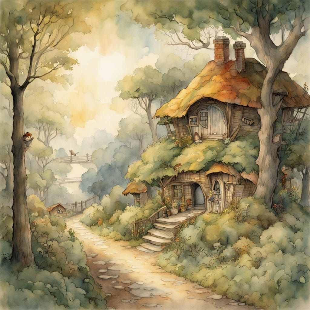 Whimsical Forest Scene in Dreamy Watercolor Style