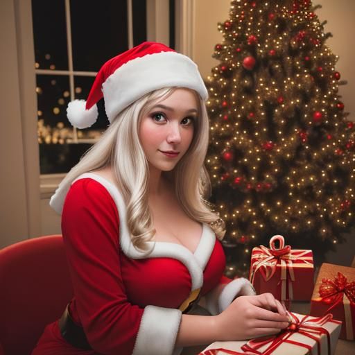 Beautiful Woman as Santa Claus Placing Christmas Gifts