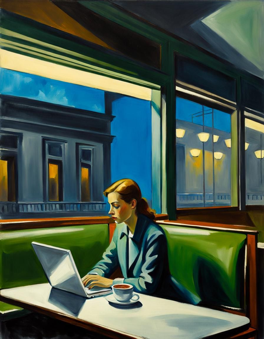 Lonely Woman in Cafe, Hopper-esque Painting