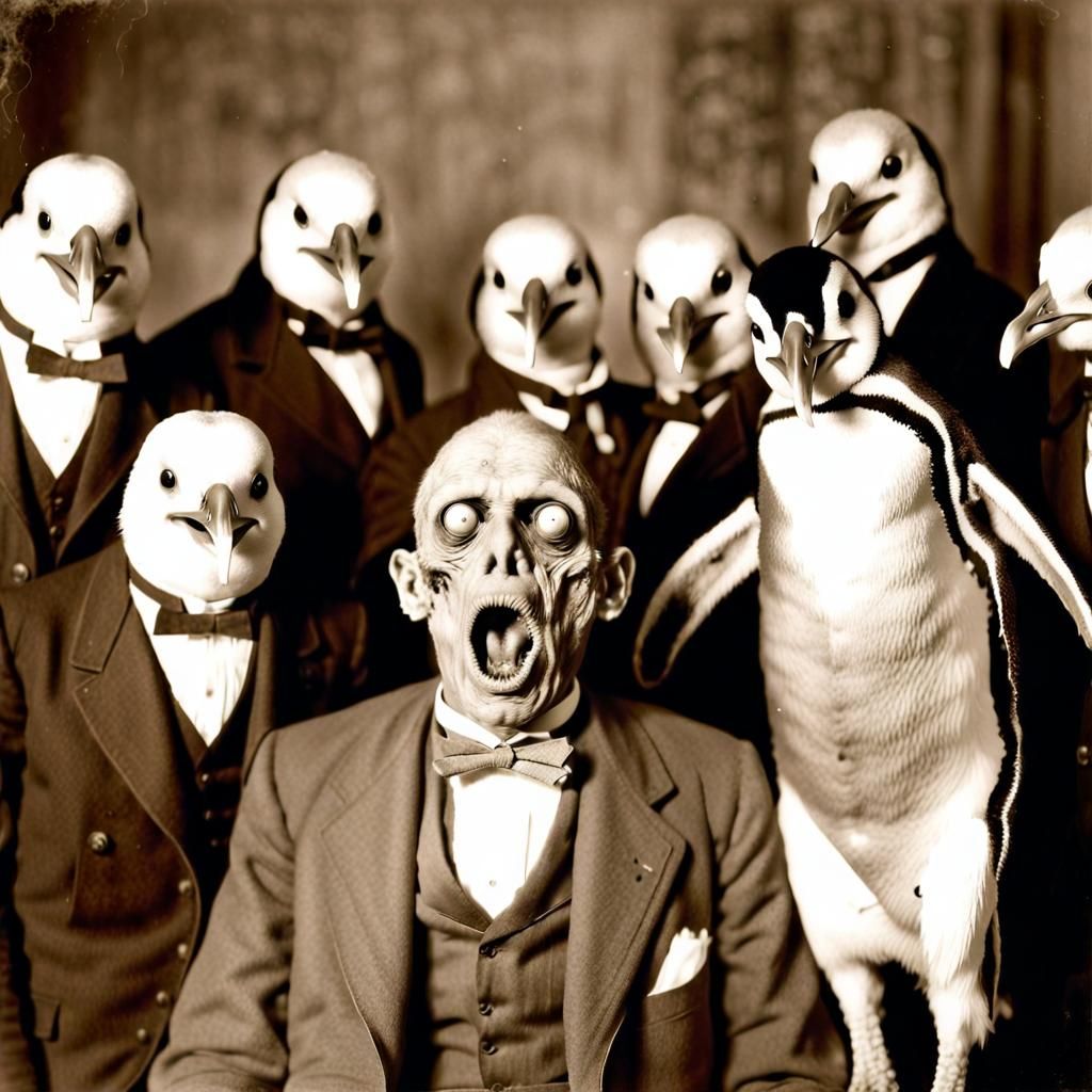 Nightmarish Undead Monster with Penguin: Sepia Photograph