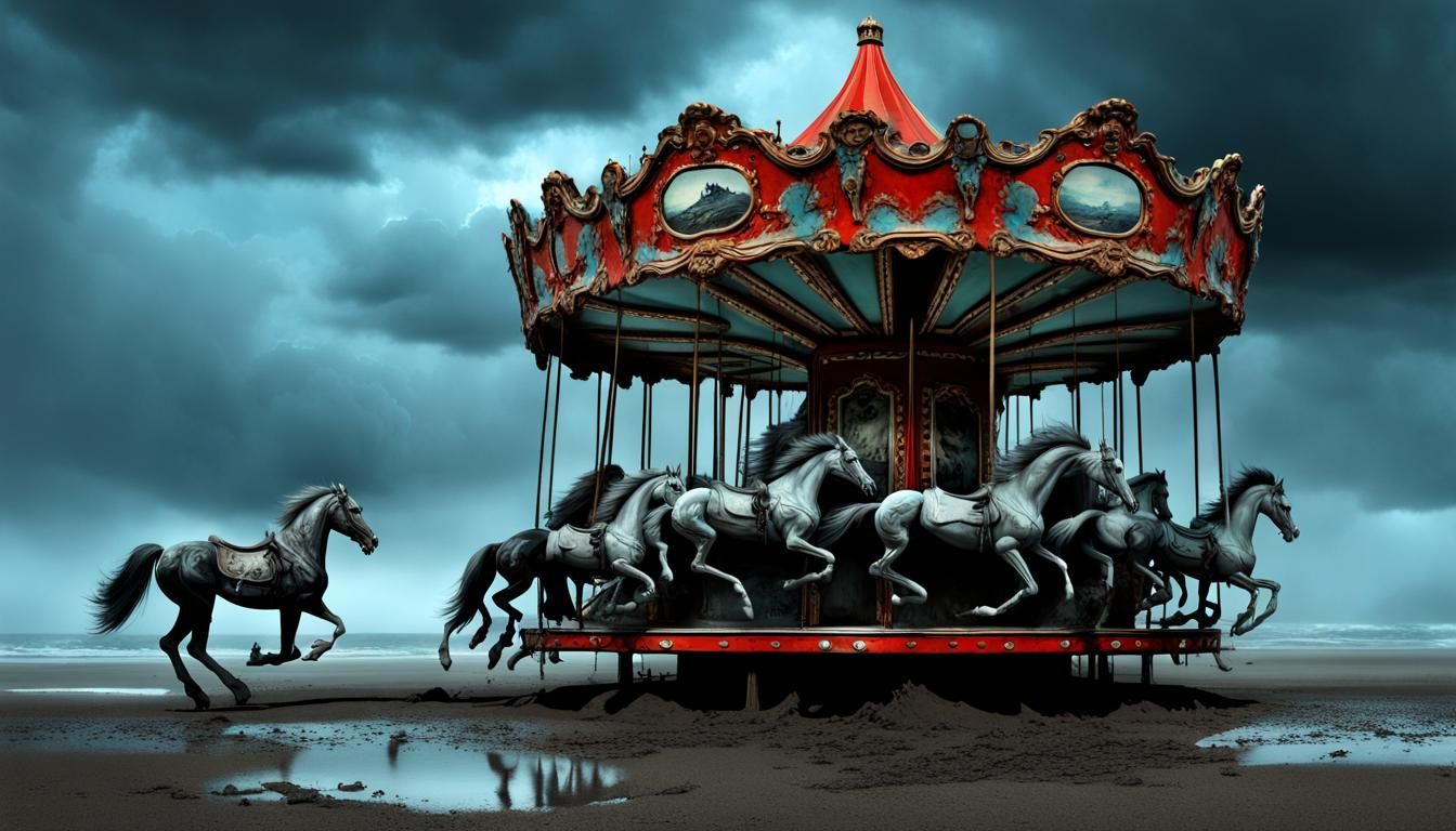 Haunted Carousel Double Exposure in Bonepunk Style