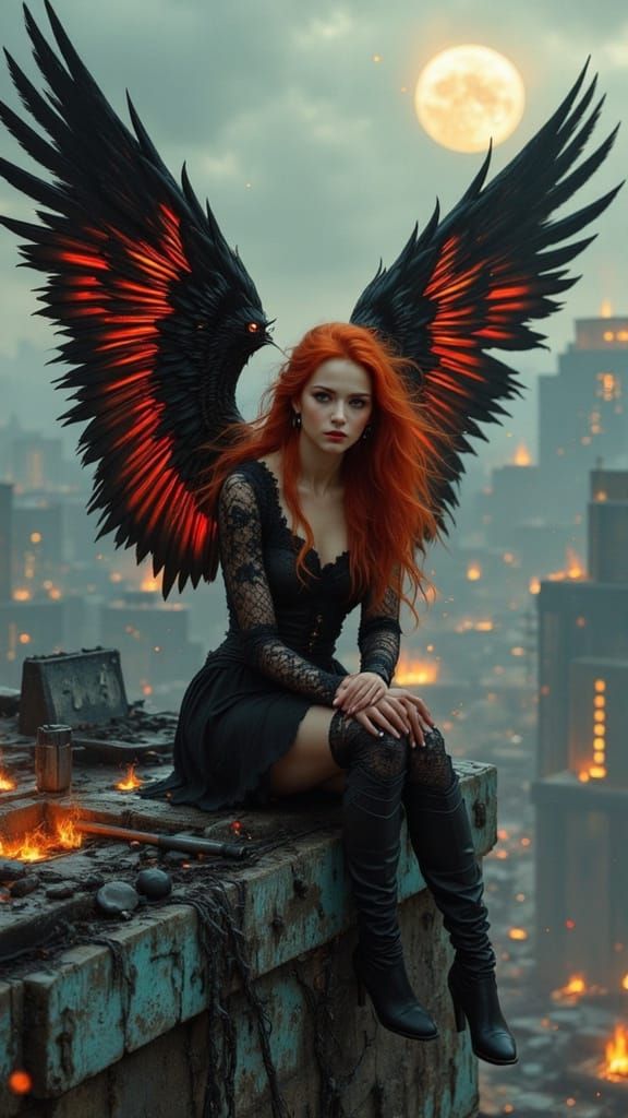 Majestic Fallen Angel in Dystopian Ruins
