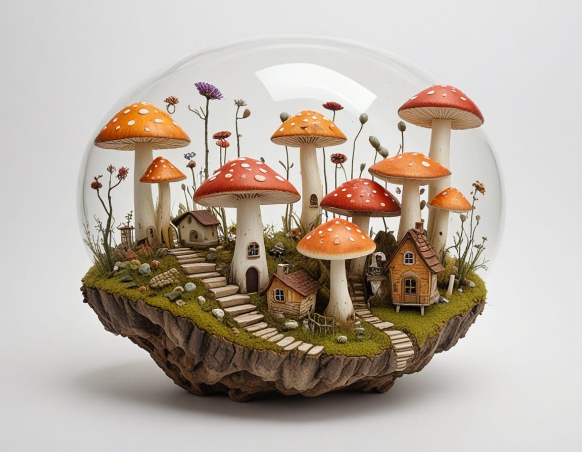 Whimsical Fairy Village on Luminous Mushroom