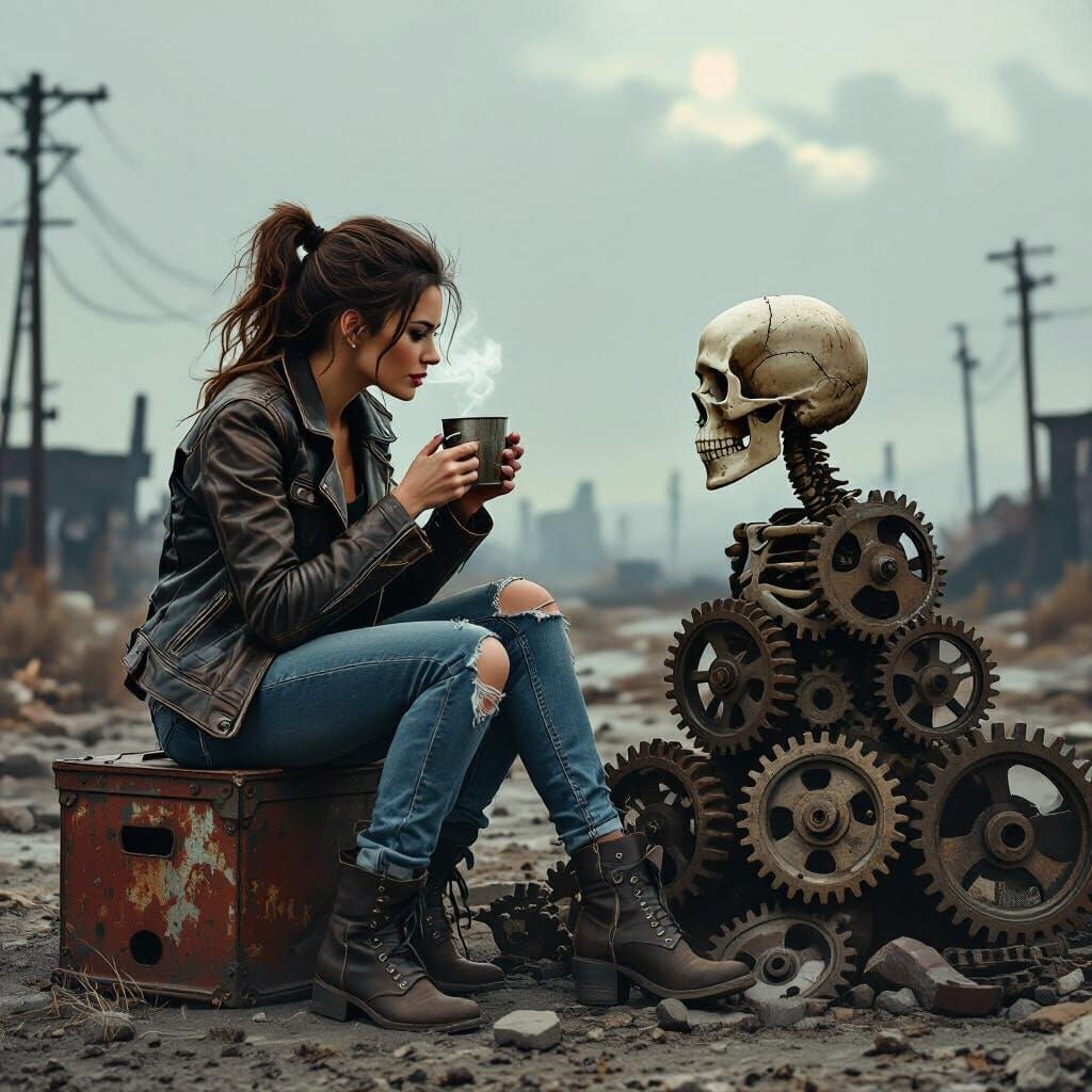 Dieselpunk Woman Conversing with Skull in Wasteland