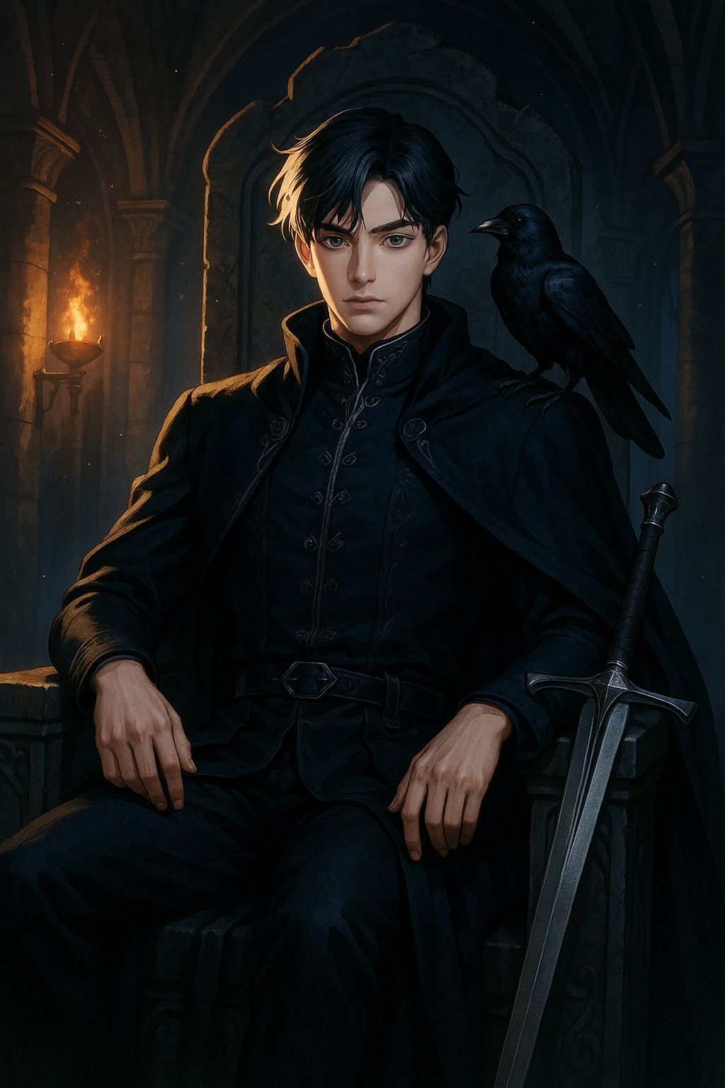 Noble Heir on Stone Throne with Raven Companion