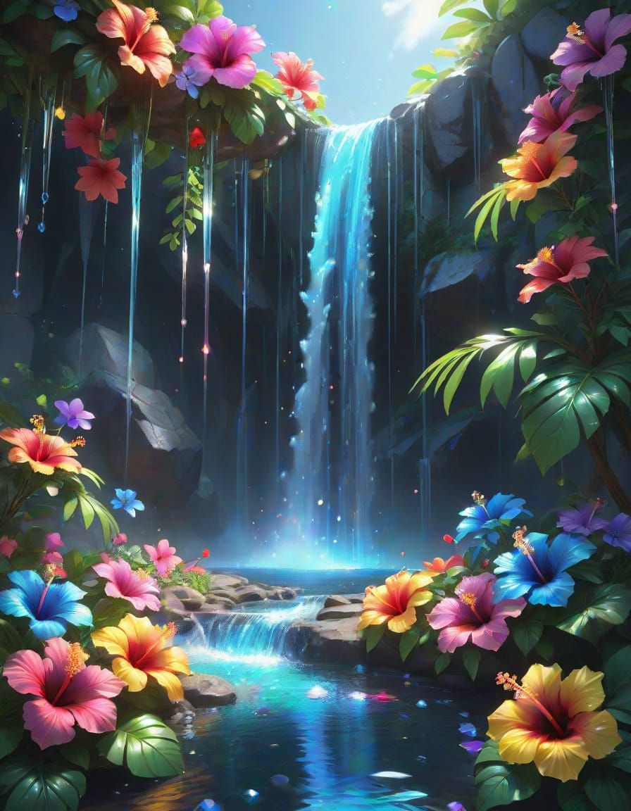 Sparkling Rainbow Hibiscus Flowers by Crystal Waterfall