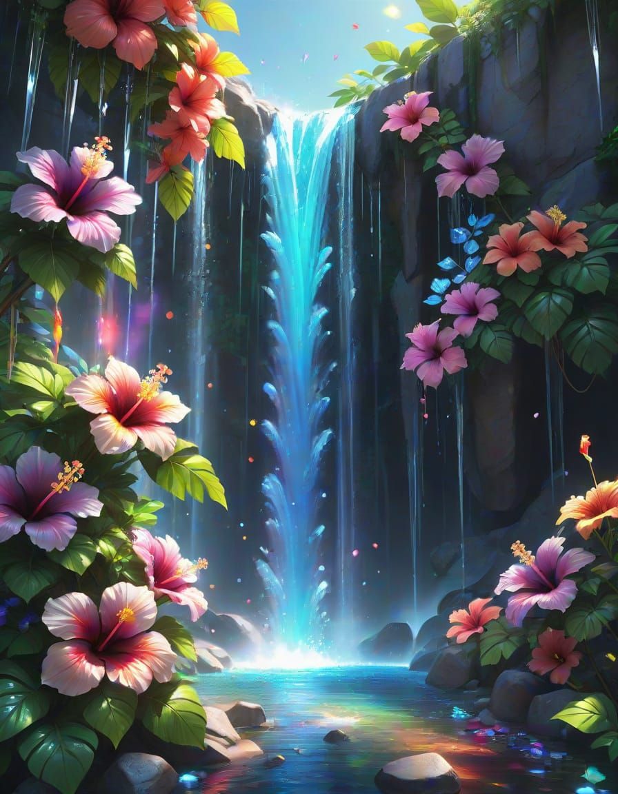Rainbow Hibiscus Waterfall: 3D Anime Art