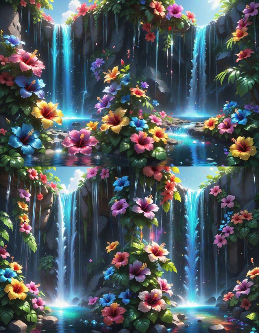 Crystal Waterfall with Rainbow Hibiscus Flowers in 3D Anime ...