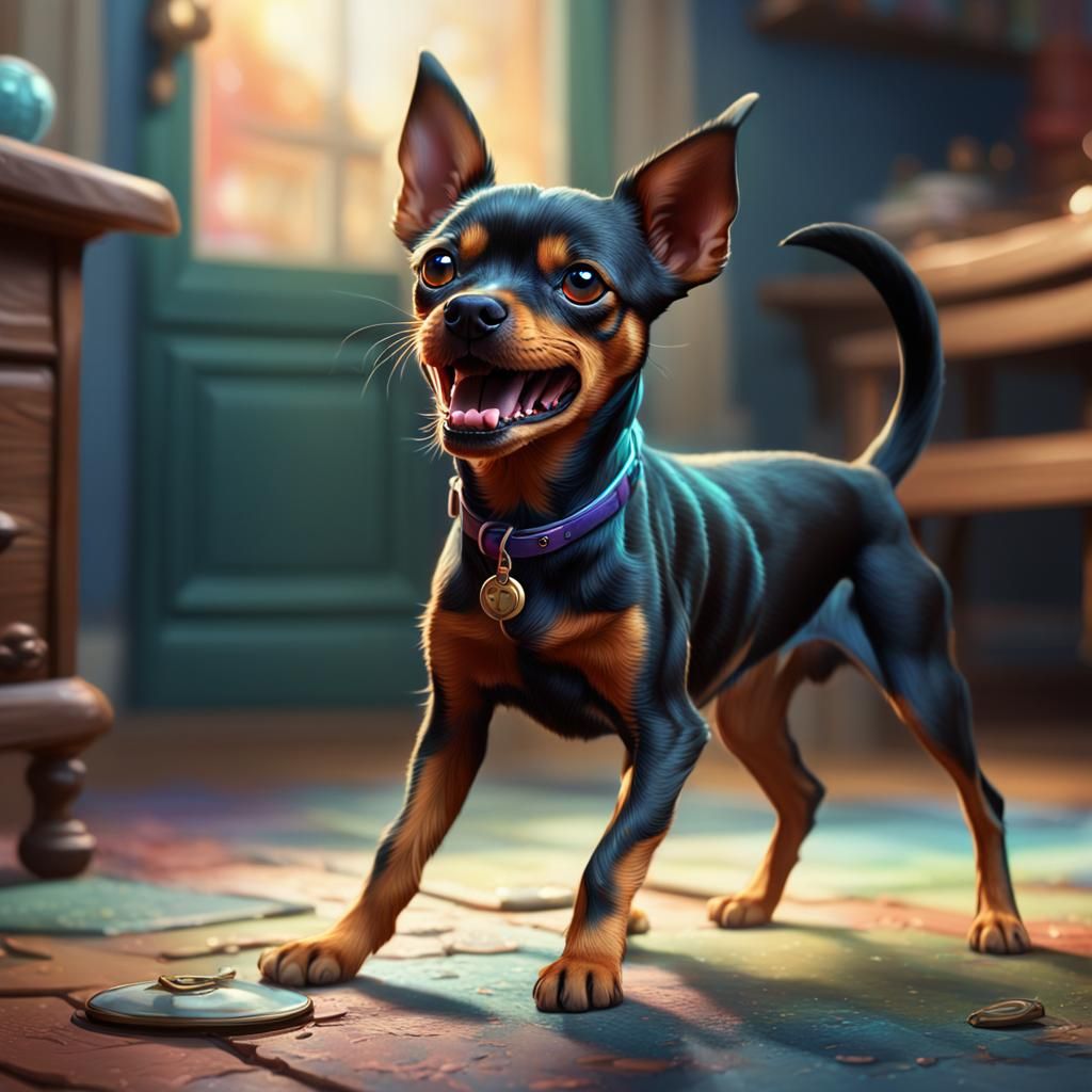 Miniature Pinscher Barks at Cat in Fantasycore Style
